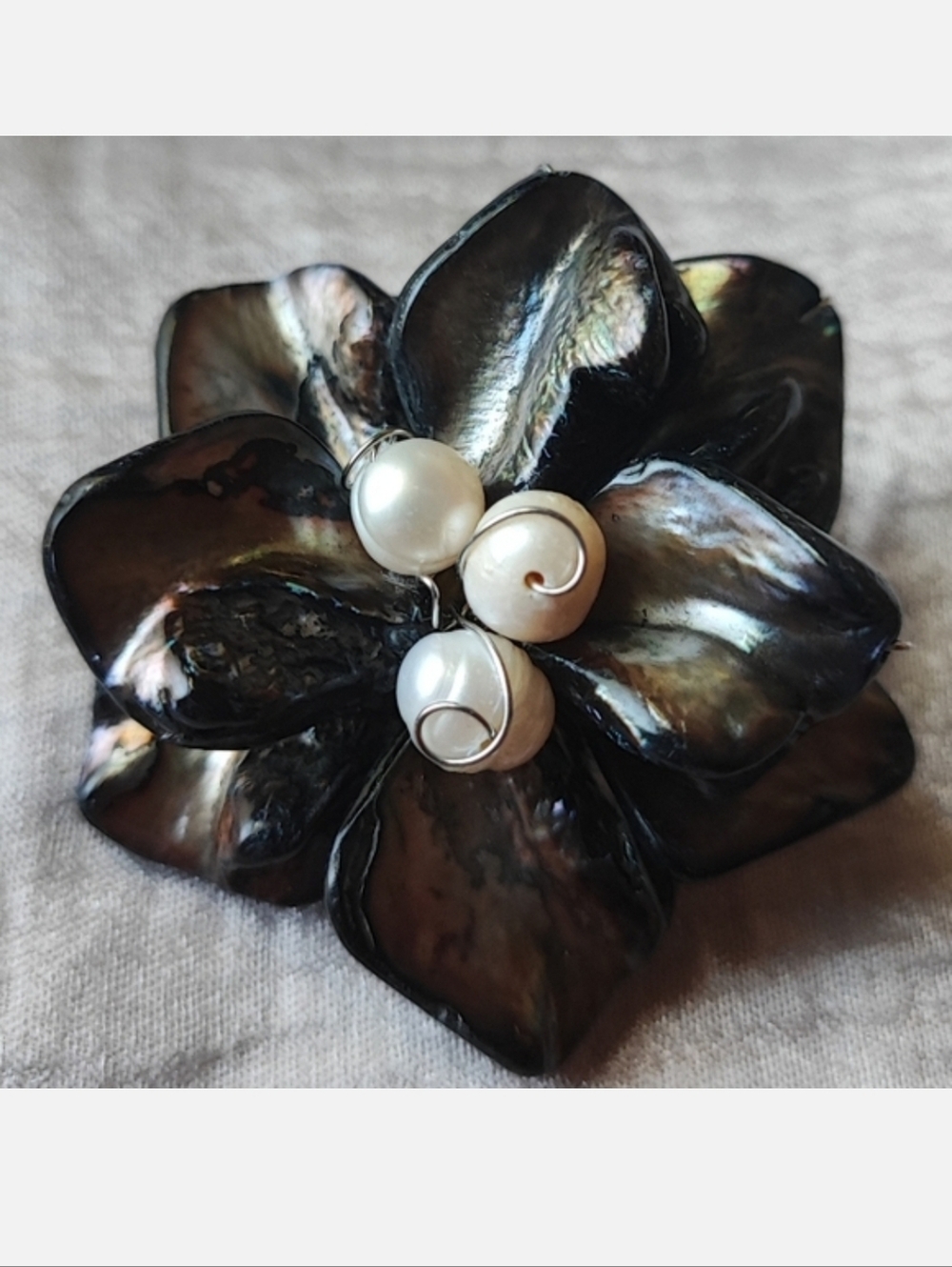 Fresh Water Pearls Brooch with Brownish Iridescent Shells or Stone Wire Wrapped